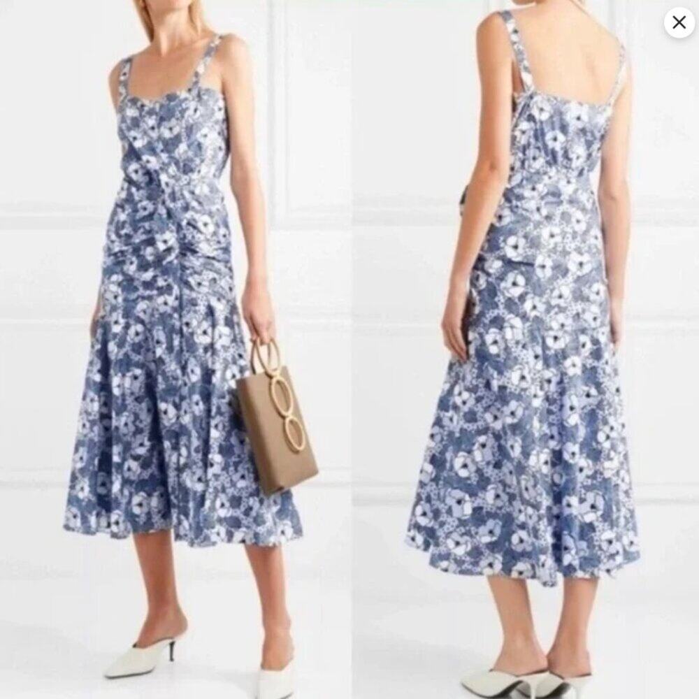 Veronica Beard Marena Gathered Printed Cotton Poplin Midi Dress Size 8 NWOT